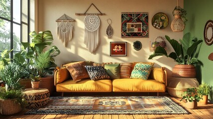 3D Bohemian living room: vintage meets modern furniture, cozy decor, eclectic vibe.