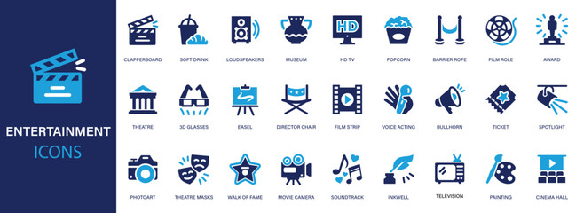 Entertainment flat icons set. Cinema, film, leisure, rest, theatre icons and more signs. Flat icon collection.