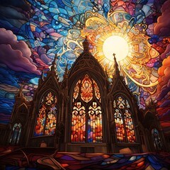 Obraz premium Abstract Church Stained Glass Window with Sunburst