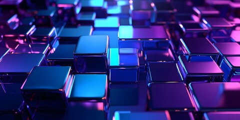 Obraz premium 3D render, an abstract geometric background with neon cubs blue and purple lights shining on the wall blocks