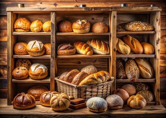 Freshly baked warm breads and rolls overflow from a rustic wooden showcase, filling the cozy bakery with an inviting aroma that tantalizes the senses.