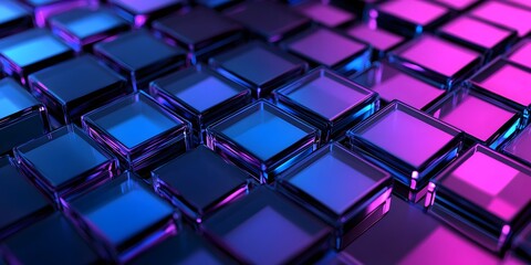 Fototapeta premium 3D render, an abstract geometric background with neon cubs blue and purple lights shining on the wall blocks