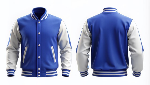 blue and white varsity jacket mockup on white background. front and back view