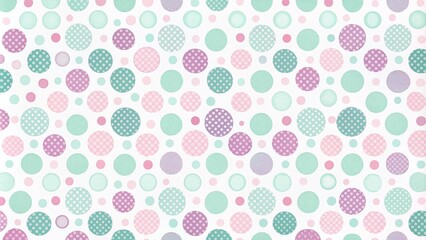 Whimsical pastel polka dot pattern featuring large and small dots in pink, mint green, and lavender hues on a white background, exuding playful cheerfulness.