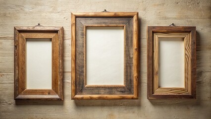 Three rustic wooden picture frames of varying sizes hang symmetrically on a light beige wall, showcasing a blank canvas, awaiting personal touches and cherished memories.