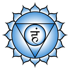 Vishuddha, or Vishuddhi, the Throat chakra and purification center. Fifth chakra located at the throat region. Blue lotus with 16 petals, triangle, circle, and seed syllable Ham for space and Akasha.