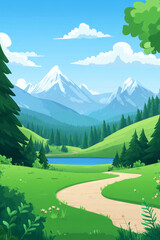 A vibrant landscape featuring a winding path leading to a serene lake surrounded by snow-capped mountains and lush greenery under a blue sky