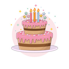 Colorful two layers birthday cake on a plate in cartoon style with candles and stars on top and colorful confetti on strawberry cream. Party chocolate cake vector illustration.