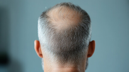 Fototapeta premium Close-up of a balding man's head, showcasing a clean, neat look with silver hair against a softly blurred background.