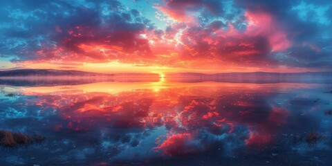 Naklejka premium An immersive 360-degree panorama of a serene lake at sunrise, with mist rising from the waters surface and