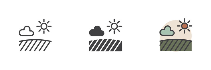Field with sun and cloud different style icon set