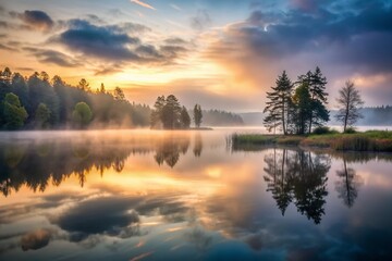 Serene and mysterious foggy lake landscape at dawn, shrouded in mist with dark overcast sky, reflecting eerie silence and tranquility in the still morning atmosphere.
