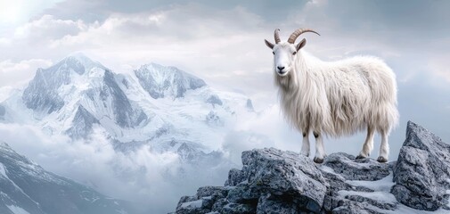 Fototapeta premium Majestic long-haired goat standing on a rocky mountain peak, towering snow-capped mountains in the background, dramatic and serene natural scene, wild and free