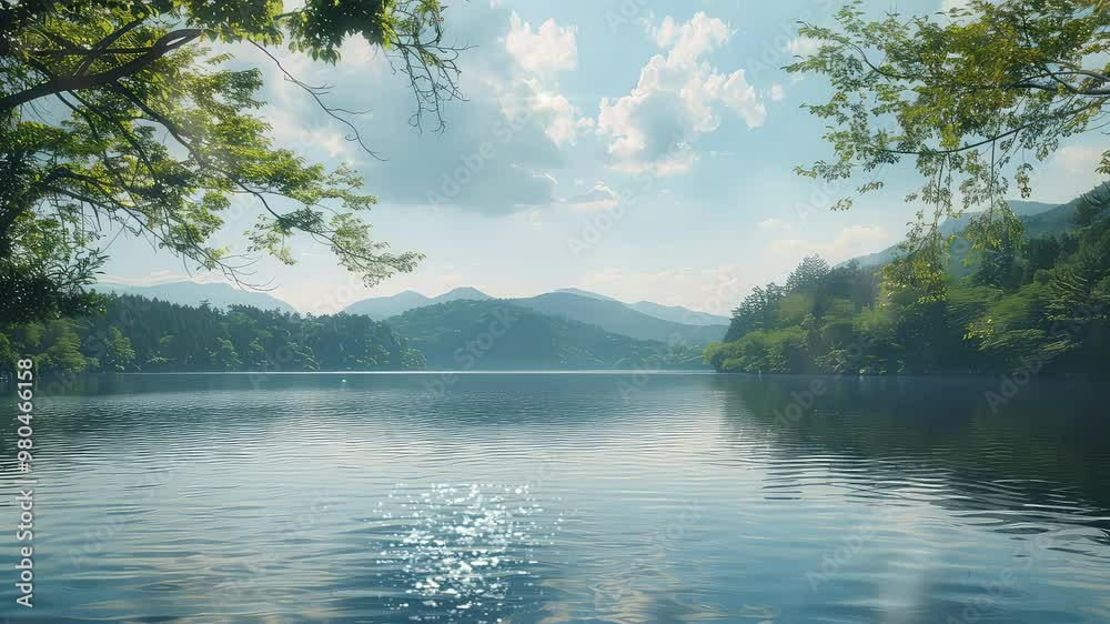 Wall mural animation tranquil lake with mountain view generated with ai