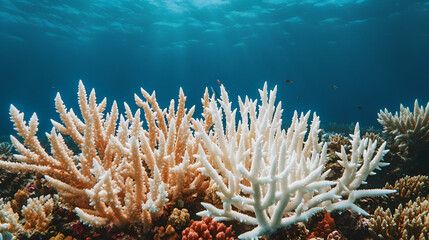 Dying coral reef surrounded by vibrant sea creatures, showcasing the effects of ocean pollution and climate change.