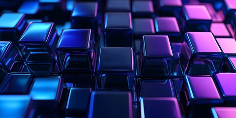 Obraz premium 3D render, an abstract geometri background with neon cubs blue and purple lights shining on the wall blocks