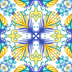 Traditional Azulejo ceramic tiles. Hand drawn watercolor Italian print for fabric and wallpaper. Sicilian majolica in blue and yellow colors. Mediterranean style ornament.