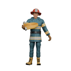 3D Male Firefighter in Fire Station. A firefighter stands while carrying a roll of water hose in his right hand. Professional Character