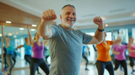 Positive middle-aged male instructor leading an energetic fitness class