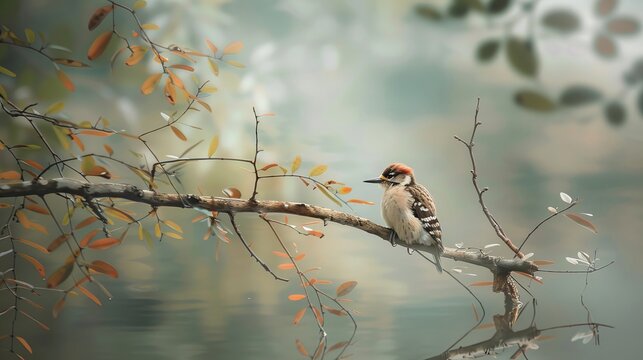 A tranquil woodpecker on a branch with a reflective goat below, capturing nature s gentle beauty