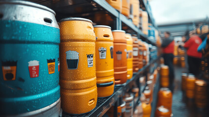Warehouse filled with colorful beer kegs, showcasing various brands and vibrant labels on a rainy day.