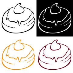 Hanukkah Suphganiyah donuts (doughnuts) with jam filling. Traditional Hanukkah dish. Hand-drawn doodle style. Vector illustration