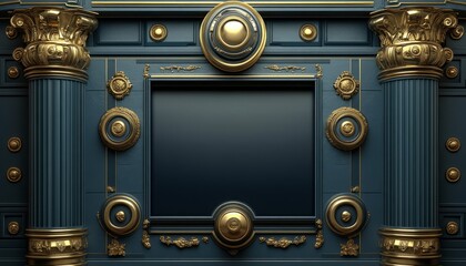Ornate Gold and Blue Architectural Panel with Central Square Frame