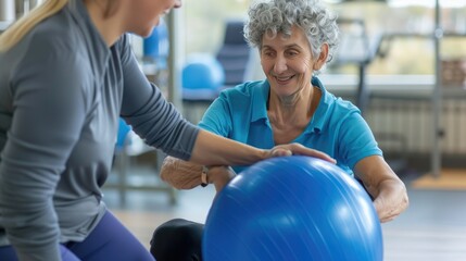 Senior woman working out with gym ball assisted by trainer, rehabilitation therapy concept