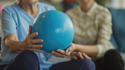Elderly person holding blue exercise ball, assisted by younger woman, physical therapy concept