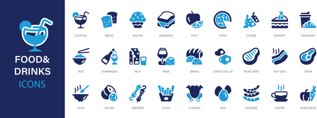 Food & drinks flat icons set. Restaurant, meal, meat, vegetables, fish, dishes, fruit, milk, pizza icons and more signs. Flat icon collection.