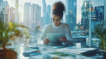 A creative designer woman working on her digital tablet in a modern office space, large windows showing a cityscape in the background, various design elements spread around