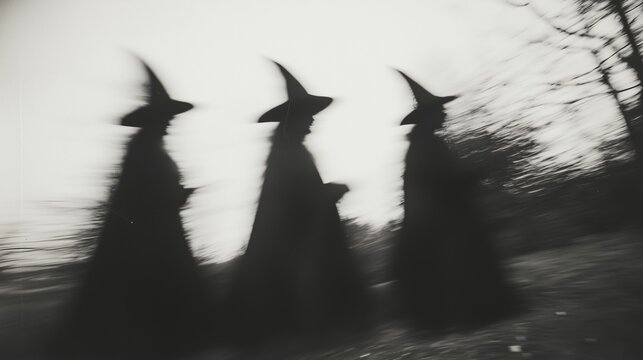 Fototapeta gloomy Halloween black and white photo of blurry, smudged witches with pointy hats