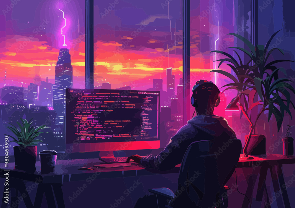 Poster nighttime web developer working with code on monitor against cityscape with lightning and sunset, mi