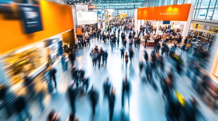 Obraz premium A dynamic scene at a busy trade fair with blurred figures of people networking and interacting around modern exhibition booths, capturing the energy and movement of a vibrant business event