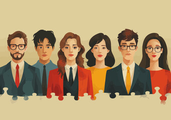 Team of Experts Collaborating to Solve Problems with Web, Advertising, Human Resources, and Accounting Expertise - Vector Illustration