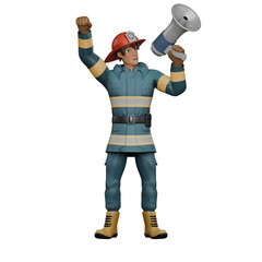 Male Fire Station Officer 3D. A firefighter stands holding a loudspeaker in his hand while the other hand is raised upwards with the palm clenched. Professional Illustration