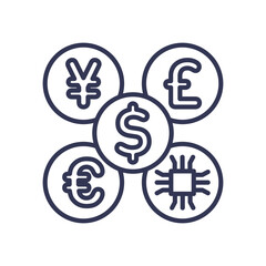Icons of major global currencies and a digital chip symbolizing the intersection of traditional and digital finance.