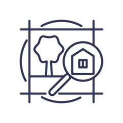 Magnifying glass focusing on a house and tree, symbolizing detailed analysis and focus.