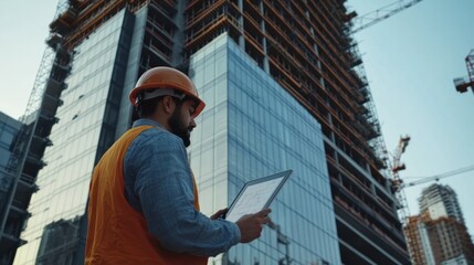 A focused construction worker reviewing blueprints on a tablet, with a large, glass-fronted building under construction behind them Close-up photo with clean background