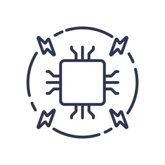 Illustration of a microchip with surrounding speed lines, symbolizing high-speed processing and technology.