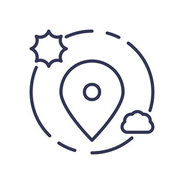 recommend clip art: Line art of a location pin with sun and cloud, symbolizing location identification and weather.