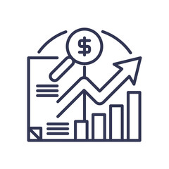 Magnifying glass with dollar sign over pie chart, symbolizing financial research and data analysis.