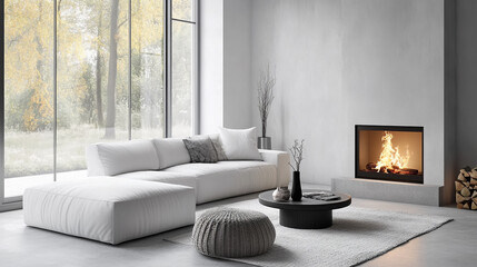 Gray living room with green armchair fireplace firewood, Large traditional fireplace with roaring fire. Empty mantle piece mockup shelf.