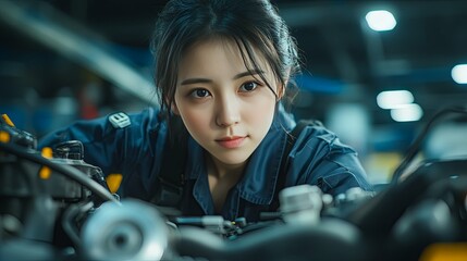 Focused Female Mechanic Inspecting Engine Components