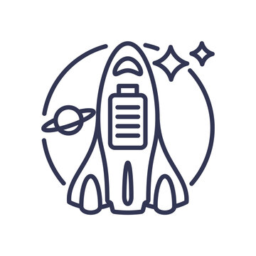recommend clip art: Line art of a rocket with stars and a planet, symbolizing space exploration and aerospace technology.