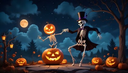 A whimsical skeleton in a casual outfit joyfully dancing, bringing a fun and playful vibe to a spooky theme.