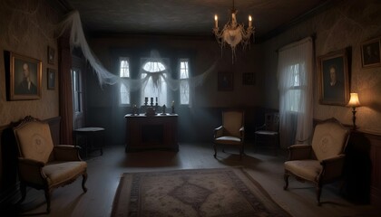 Fototapeta premium The interior of a haunted house at dusk, featuring cobwebs draping from the corners and eerie shadows creating a chilling atmosphere