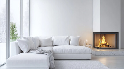 Fototapeta premium a beautiful house in which the fireplace in the living room gets a lot of attention, Beautiful living room in new traditional style luxury home.