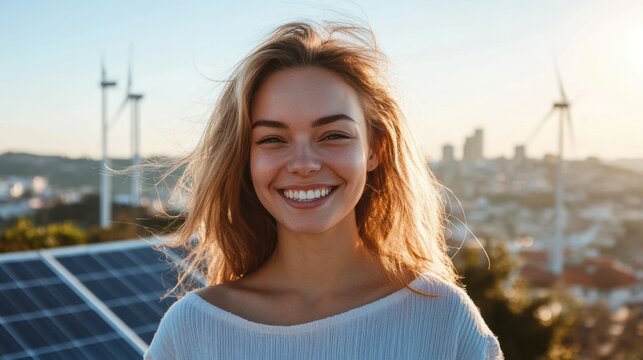 A happy woman with a cityscape behind her, featuring rooftop solar panels and wind turbines in the distance 