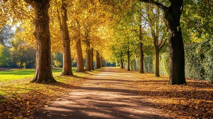 Naklejka premium Colorful autumn Park with pathway,red and yellow maple trees and blue sky,Autumn forest path,Lawn in autumn city park in Sunny day,Trees with yellow leaves in park,Natural Wallpaper.